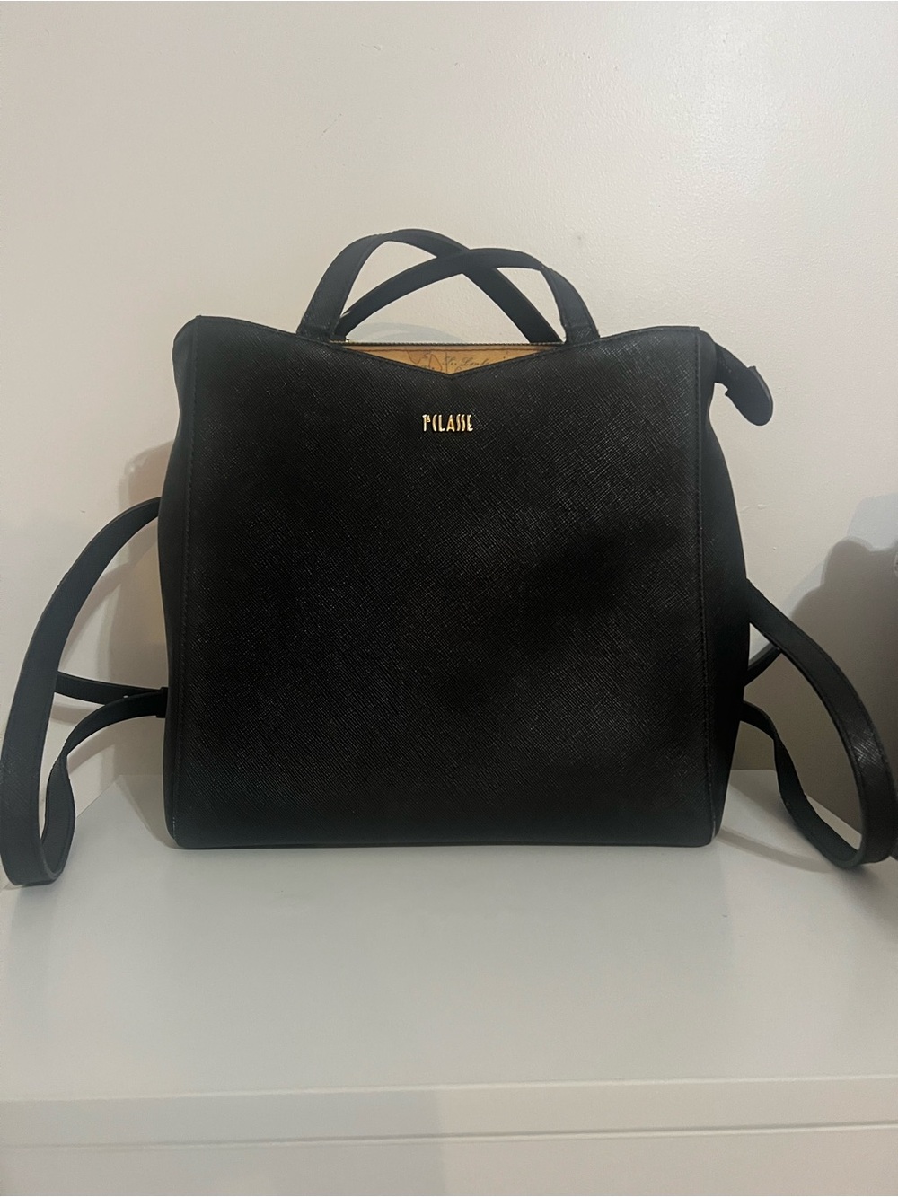 Alviero Martini Black Leather Convertible Backpack Purse with Gold Logo